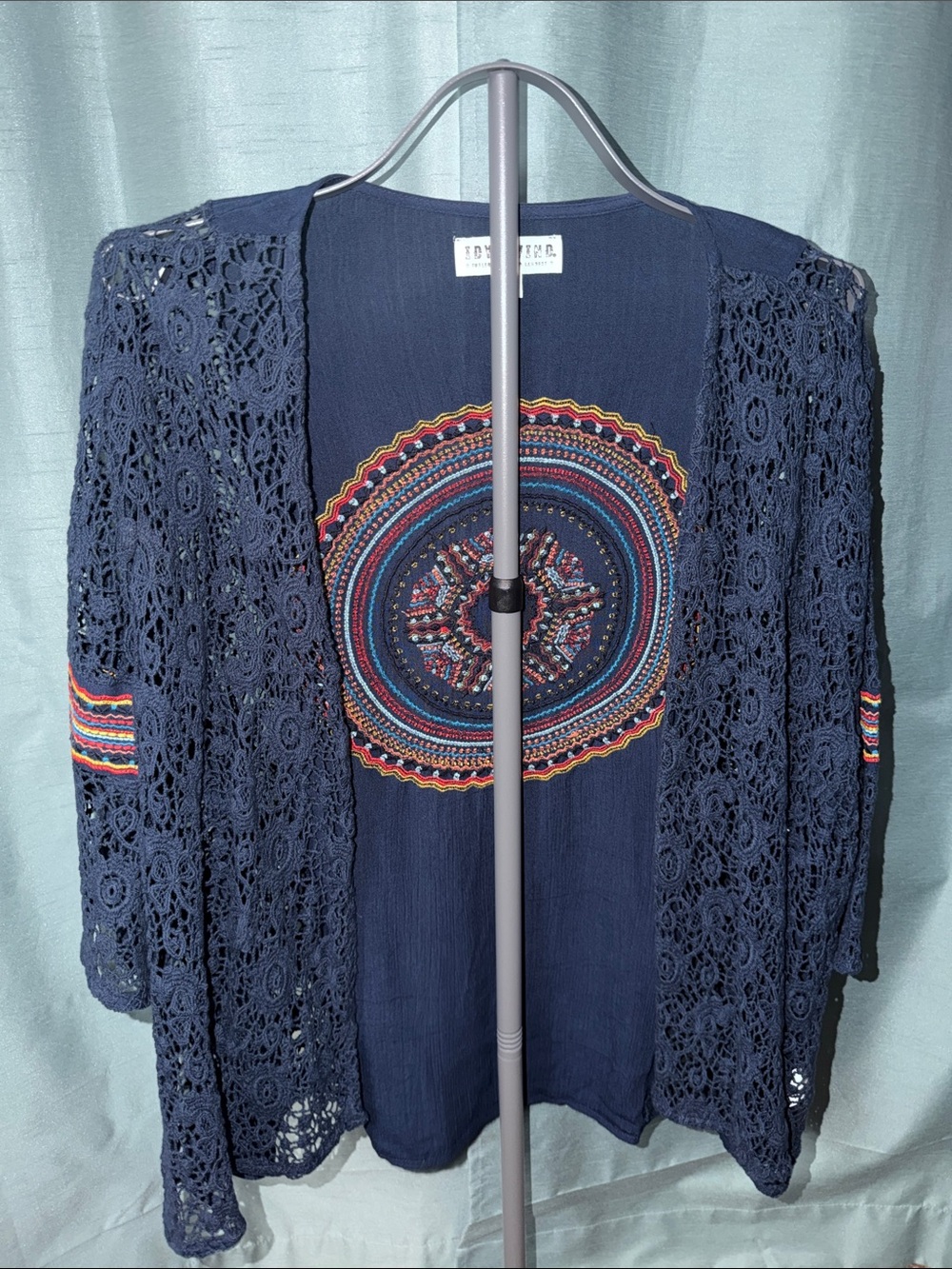 IDYLLWIND Navy Crochet Open-Front Sweater with Embroidered Medallion (L/XL)